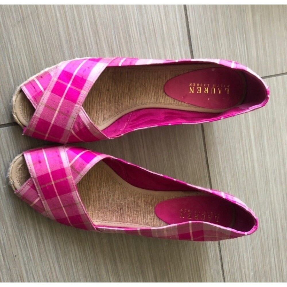 Ralph Lauren Cecilia Pink Plaid Open Toe Wedge Vintage Retro Luxury Summer SZ 6